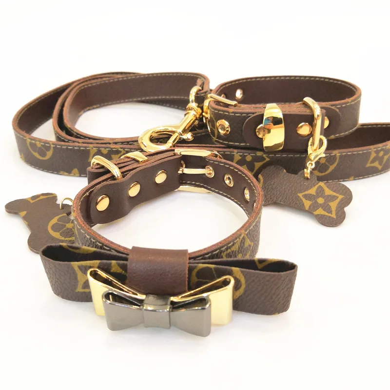 

wholesales luxury cute British style pet dog collars detachable bowtie pu leather dog collar and leash, At picture