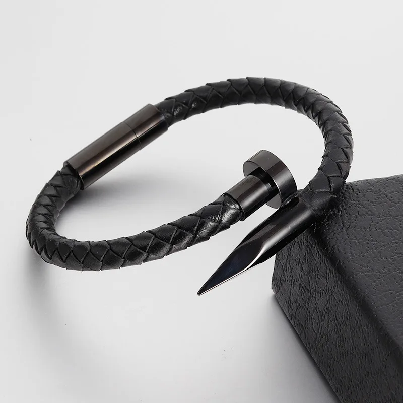 

genuine leather bracelets for men high quality nail bangle bracelet gold black white men bracelets leather and stainless steel, 3various colors available