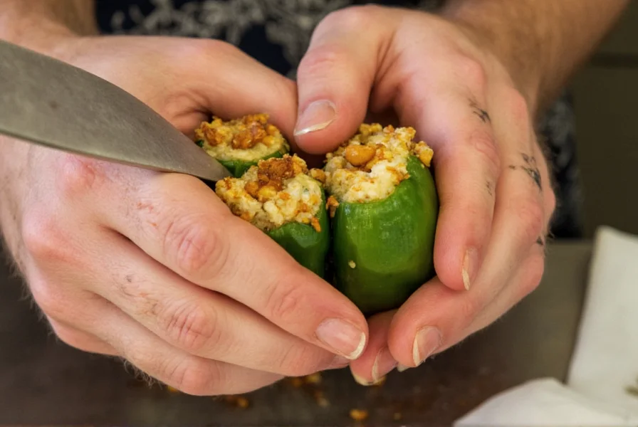 Chef preparing stuffed Anaheim peppers as substitute for traditional poblano chiles rellenos