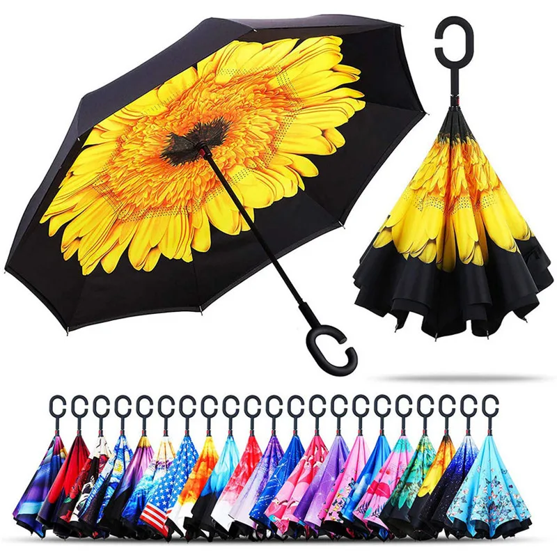 

Custom Logo Printed Sunflower Double Layer Reverse Umbrella, Customized color