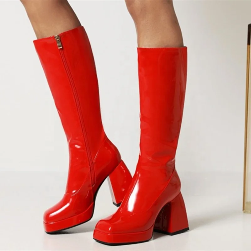 

Trendy Square Toe Patent Leather Boots Chunky High Heel Women Knee High Boots Calf Winter Zipper Size 43, Black white green orange red