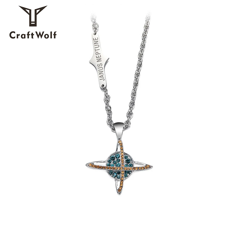 

Craft Wolf jewelry fashion men women personalized Neptune planet celestial Zircon rhinestone channel chain pendant Necklace, Silver