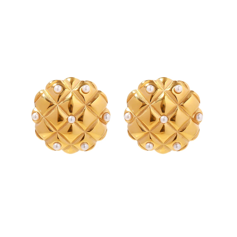 

New 18K Gold Plated Stainless Steel Round Mini Pearl Rhombus Inlaid Button Stud Earring for Girls