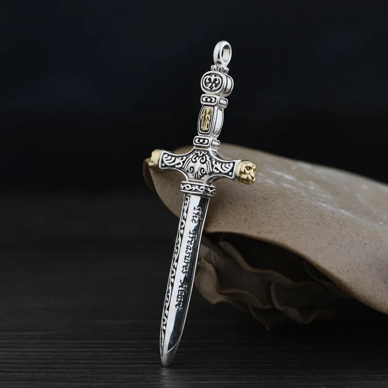 

Wholesale S925 Sterling Silver Vintage Pendant For Men Engraved Pattern Big Sword Pendant Punk Rock Hip Hop Style Jewelry