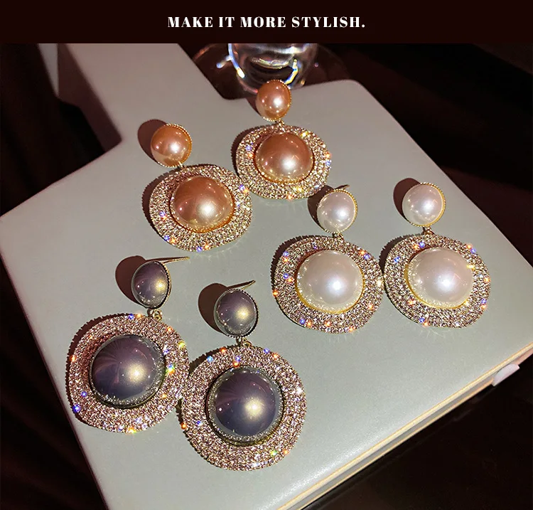

Fashion exaggerated Personality 925 silver needle Gold Pearl Drop Earrings full Diamond Geometric Retro Girl stud Earrings, As picture