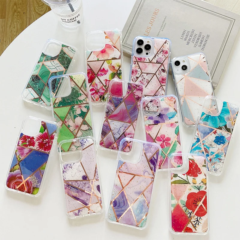 

Flower Phone Cases Girly Bulk Custom For iPhone 13 Pro Max Marble Electroplated Phone Case For iPhone 14 12 11 Epoxy Bling Case, Mix