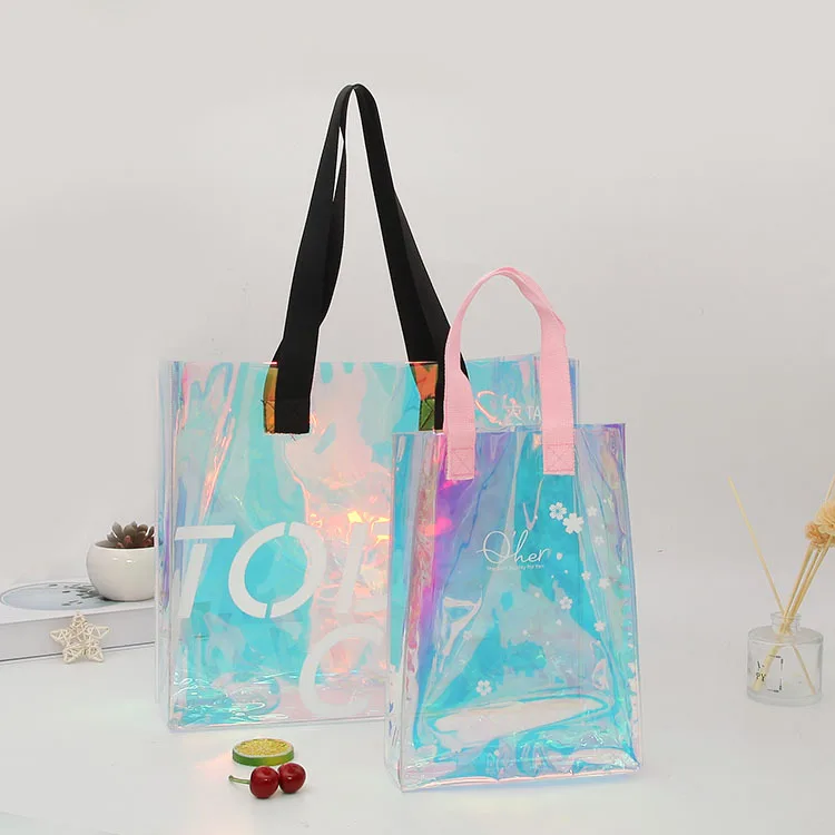 

302 custom low moq prints new fashion clear waterproof plastic colorful laser PVC shopping bag tote beach handbag for women, Custom made