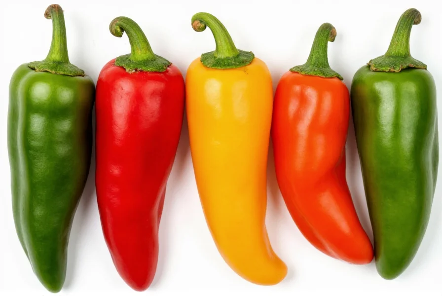 Close-up photography of various Hatch pepper varieties showing color differences from green to red, with Scoville scale reference