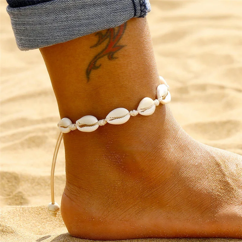 

Bohemian Shell Anklets for Women Handmade Natural Shell Foot Jewelry 7 BEADS Summer Beach Barefoot Bracelet anklet on Leg