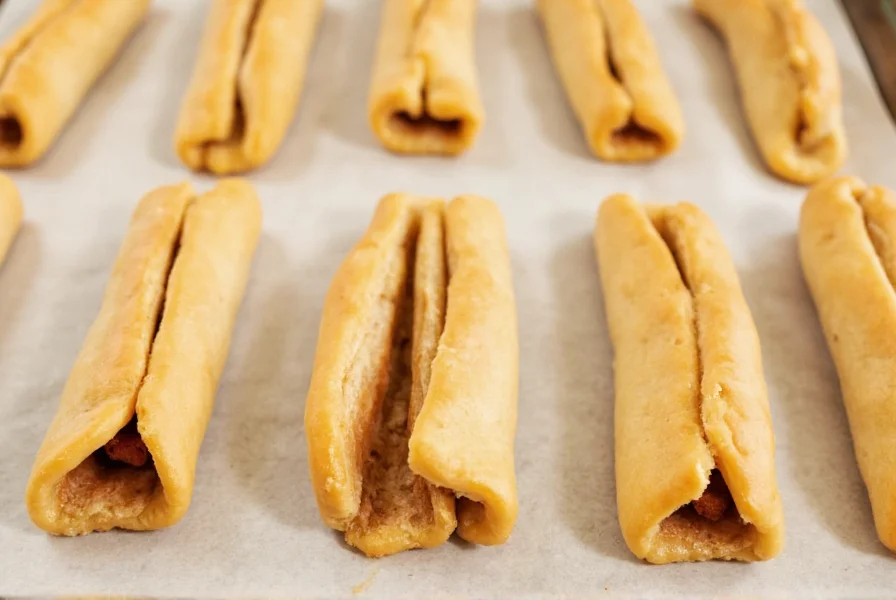 Close-up of Pillsbury cinnamon sticks before baking showing the rolled dough sticks with cinnamon filling