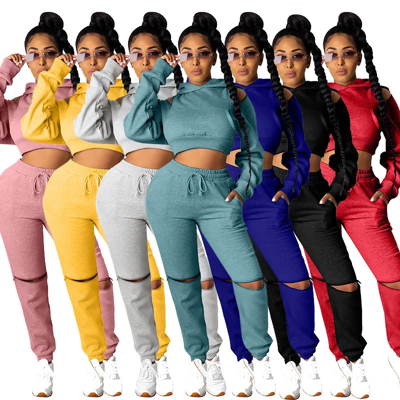 

2021 new hooded ripped off-shoulder sweater sexy long sleeve sports suit