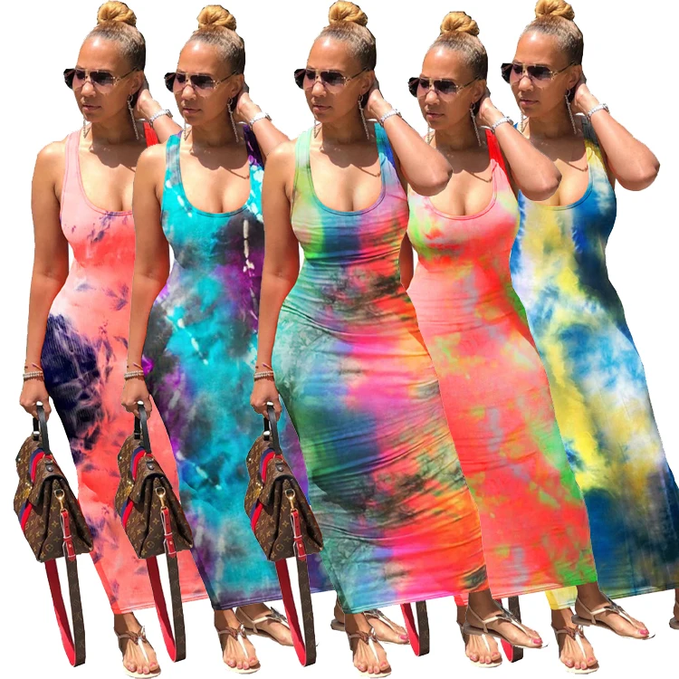 

L3220- hot summer fashion backless tie dye maxi long dresses casual