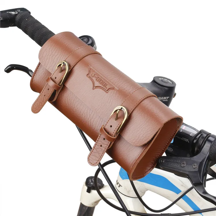 

Front Frame Storage Bags Pu Leather Waterproof Bike Handlebar Bag for Bicycles, Brown black