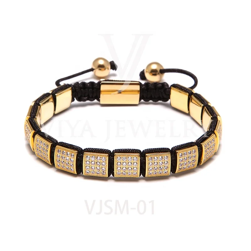 Fashion Micro Pave CZ Zircon 18K Gold Plated Beads Braided Men Macrame Bracelets