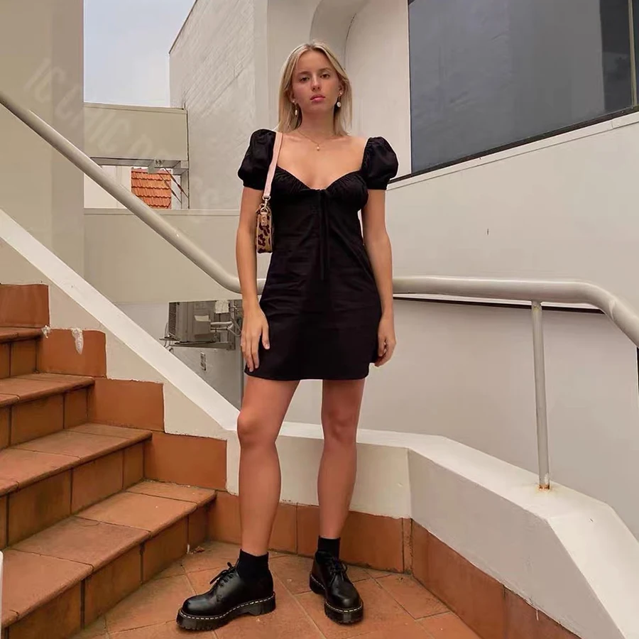 

Nibber D1736912 kpop puff sleeve sexy low collar slim black dresses woman elegant simple female fashion party club mini dress