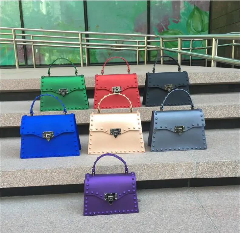 

2021 Fashion ladies rainbow color single shoulder bag matte pvc bag rivet jelly purse handbags for women luxury purses, 17 color