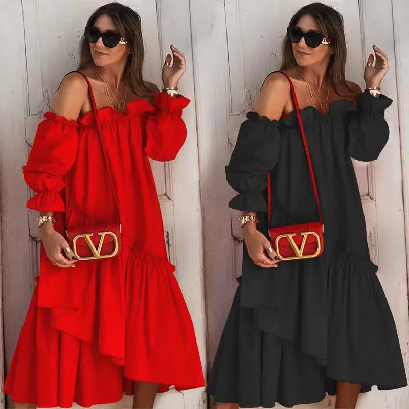 

W 2021 women new off shoulder asymmetrical pattern layered dress solid color good quality elegant design, Picture colors