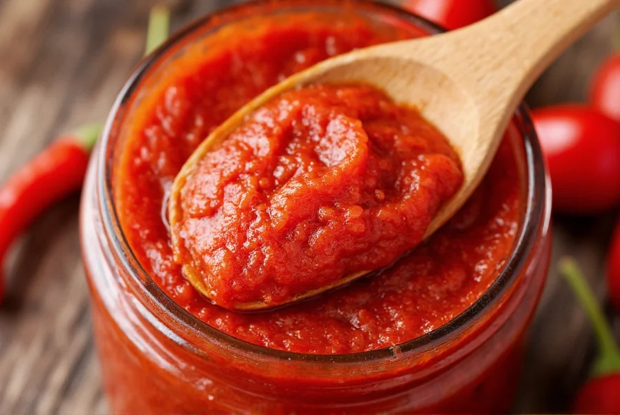 Close-up of roasted red pepper paste in glass jar with wooden spoon showing thick, vibrant red texture