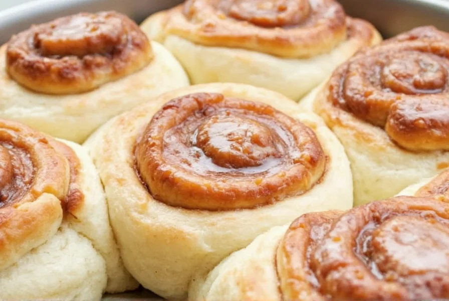Finished easy homemade cinnamon rolls with gooey icing on a rustic wooden table