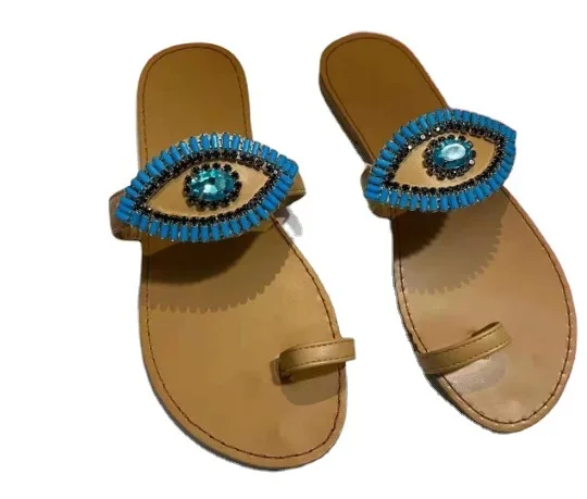 

JM042 2021 Summer new design trendy round head rhinestone gems cartoon diamond slippers evil eye sandals custom sandal