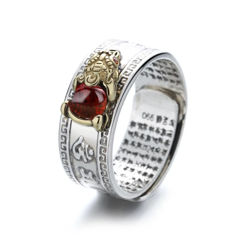 

Silver Vintage Pixiu Protection Wealth Amulet Feng Shui Garnet Toad Mantra Heart Sutra Lucky Adjustable Ring for Unisex