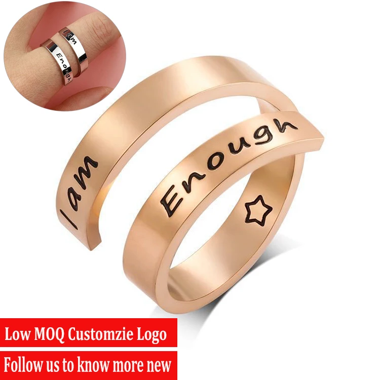 

I am Enough Inspiried bague de fiancaille Customized Engraved Words Silver Rose Gold Stainless Steel Name Ring for Man Women