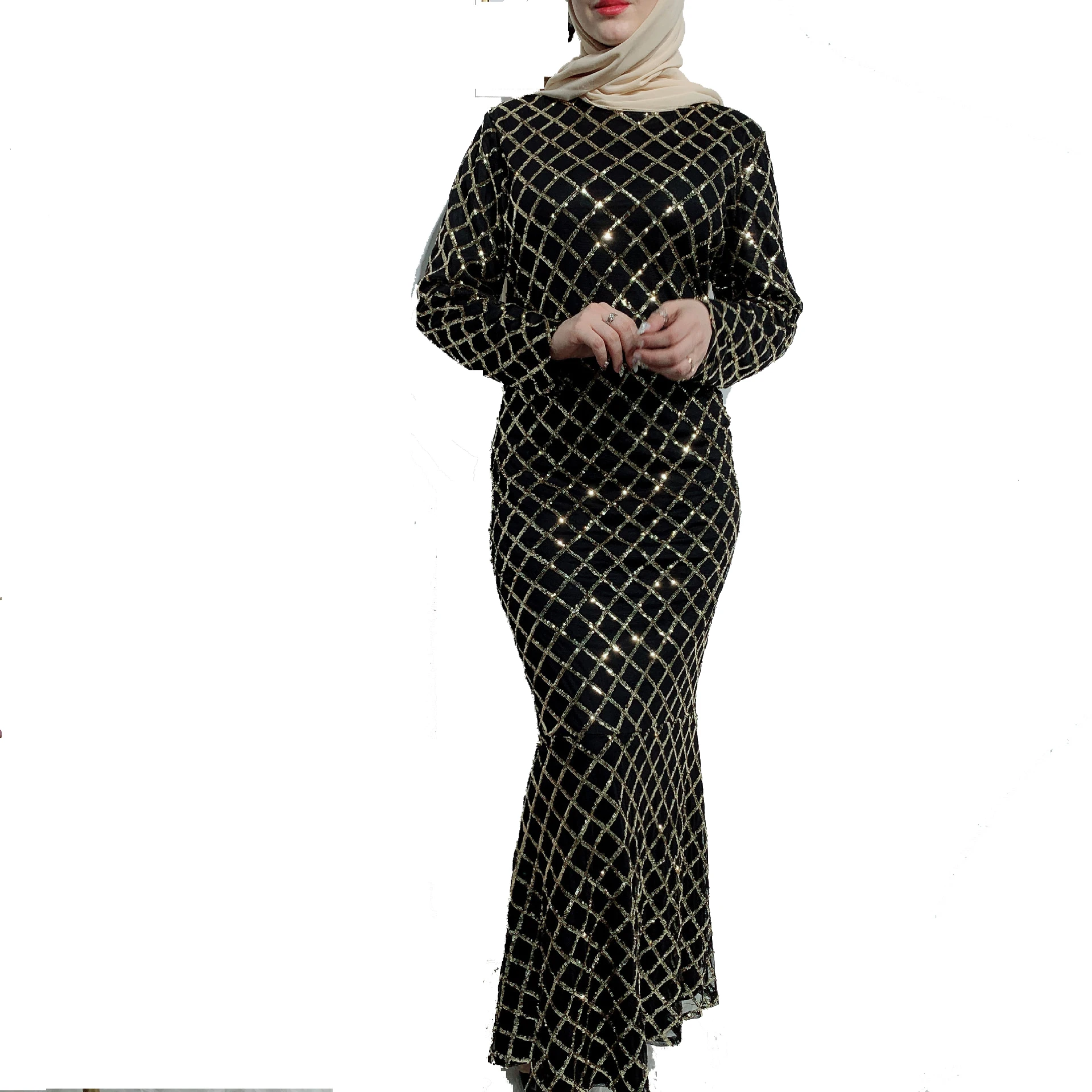 

Taizhou Glory elegent Bronzing beads and polyester-cotton blend long muslim evening dress muslim dress, Black