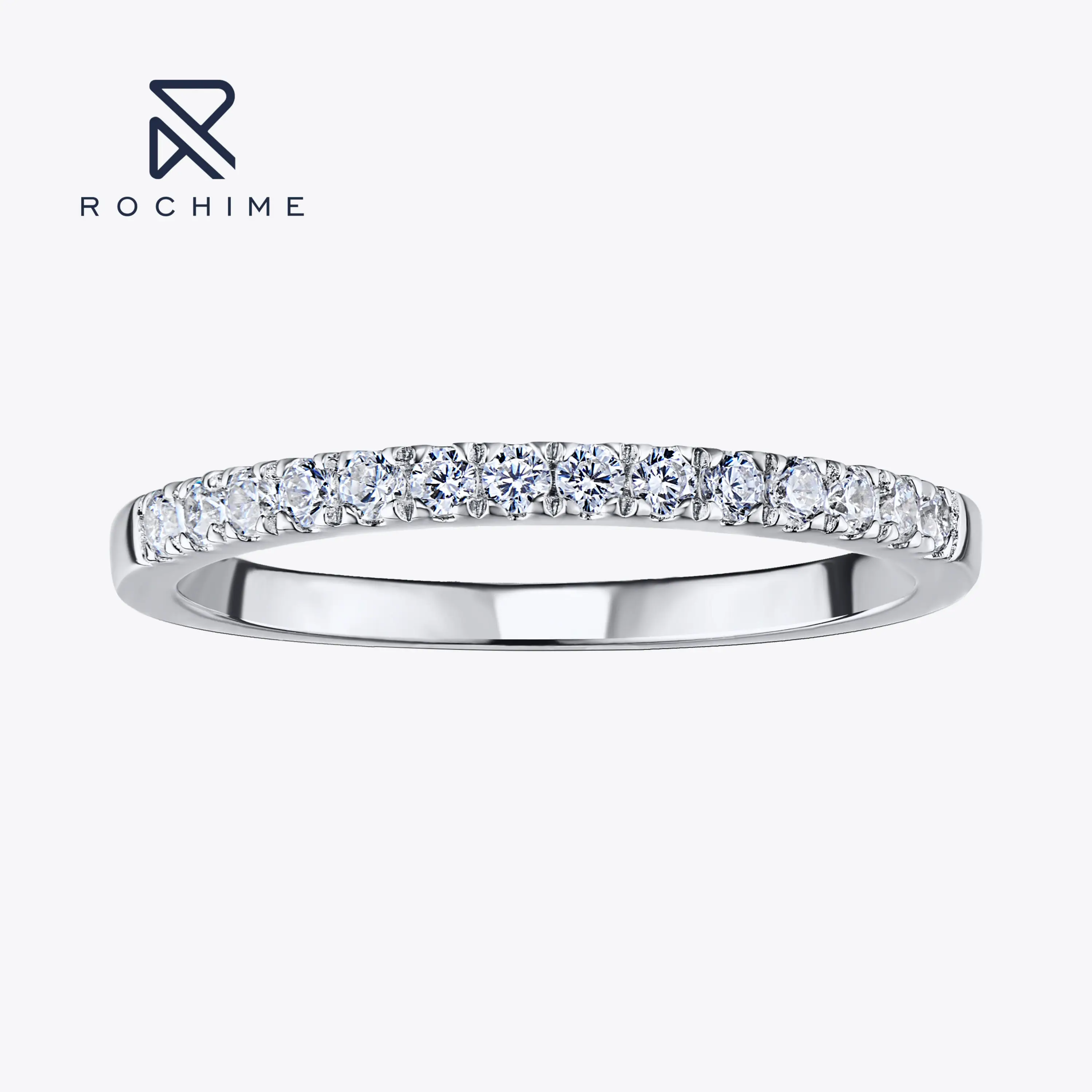 Rochime Fashion Half Circle Diamond Narrow Cubic Zirconia Band Ring 925 Sterling Silver Rhodium Plated  Ins Style Jewelry