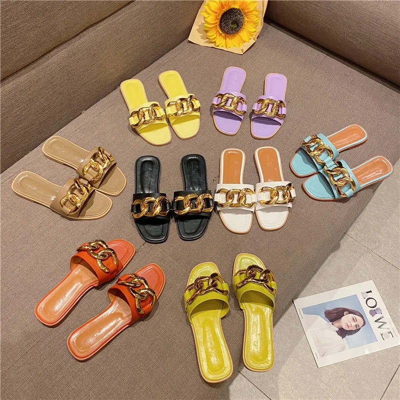 

LX-108 latest high quality women Slippers designs big gold metal buckle chain candy color flat heel beach sandals outdoor slides, Picture show , squine colors