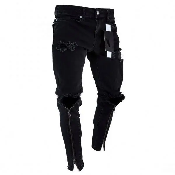 

Hip Hop Fashion Black Tapered Skinny Zipper Knee Ripped Distressed Hole Biker Jeans Men