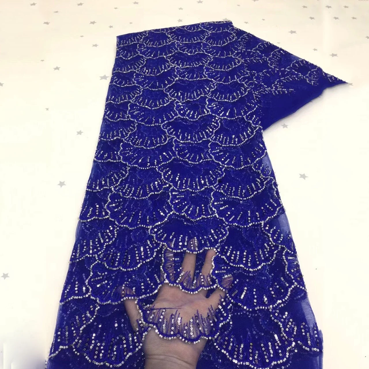 

High quality guangzhou blue heavily beaded sequin lace fabric embroidery, As pictured