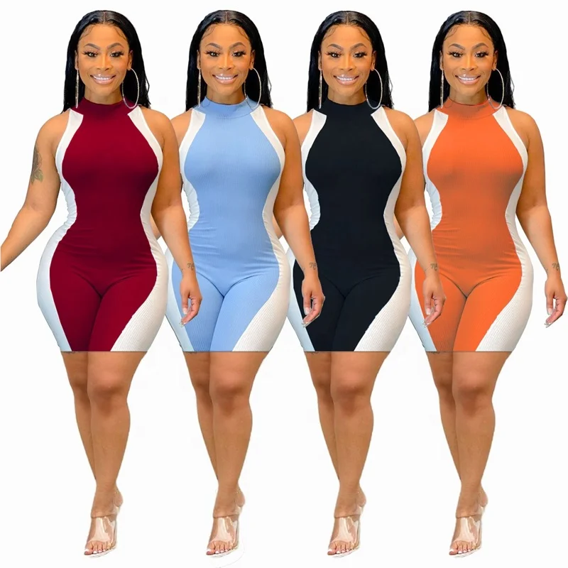 

2021 New Arrival Ladies Patchwork Sleeveless One Piece Summer Playsuit Romper Jumpsuit For Women, Black,blue,red,orange