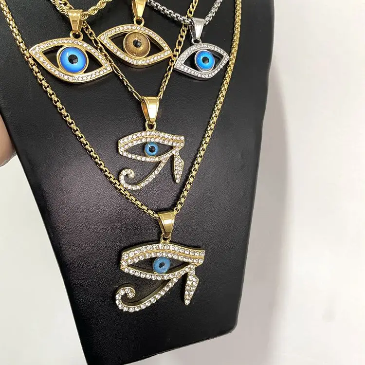 

2021 new style Jialin Jewelry Wholesale stainless steel gold plated diamond evil eyes blue eye pendant women charm necklace