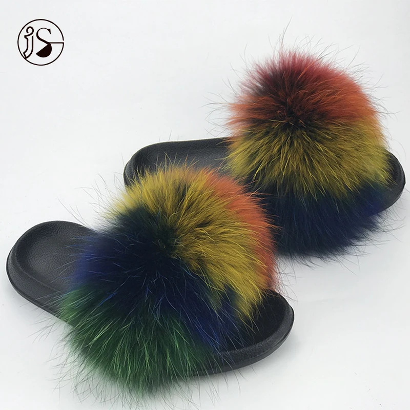 

Fashion Stable quality colorful fur slippers soft outdoor slippers for ladies Real raccoon comfy furry slides 2021, Picture