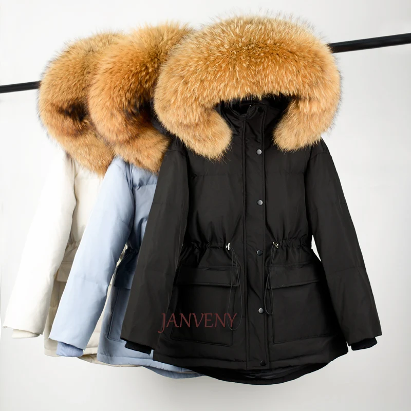 

JANVENY 2021 Winter New Fashion Slim Fit Long Sleeve Waist Adjust Real Natural Big Fur Collar White Duck Down Coat With Pockets
