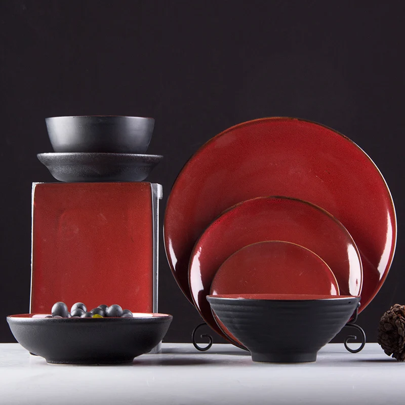 

black and red colour porcelain dinner set dinnerware for cafeteria evevts serving not stick cookware set cookware, Blue white grey dark blue