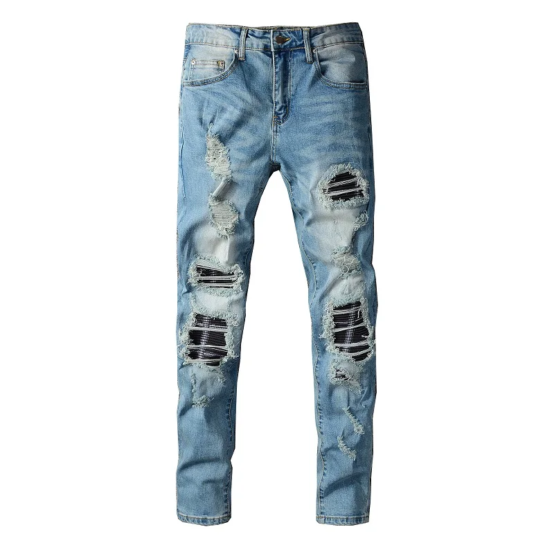 

Mens ripped destroyed denim jeans blue washed high quality skinny men's jeans pants, Picture