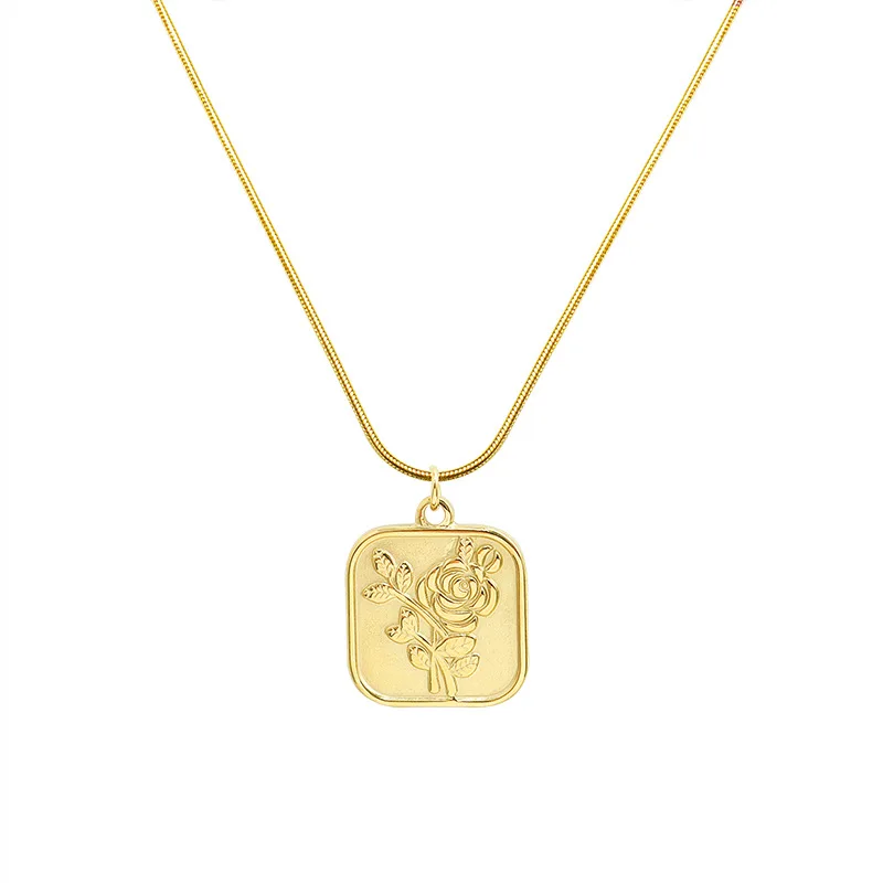 

Trendy 18K Real Gold Plated Surgical Steel Jewelry Engraved Rose Flower Necklace, 18k gold