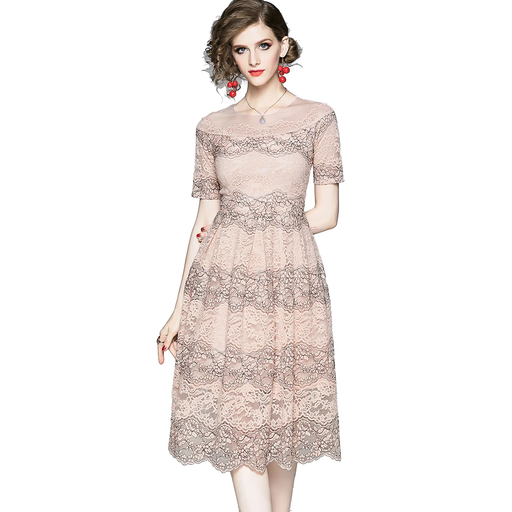

Wholesale European and American Women Fashion O Neck Patchwork Short Sleeve Crochet Lace Dress, Pink, blue
