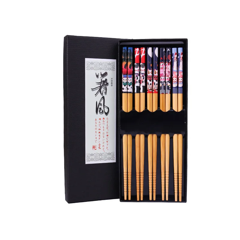 

Reusable Snack Sushi Custom Logo Pattern Wooden Chop sticks Bamboo Japanese Chopsticks Gift Box Set