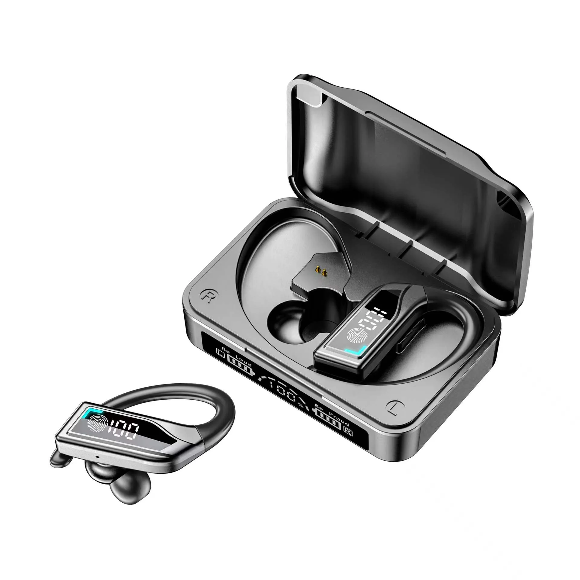 

Q8 Tws Bt 5.2 Hanging-ear Earbuds True Wireless Business Headset Waterproof Led Display Ear hook Earphones with Charging Case, Black