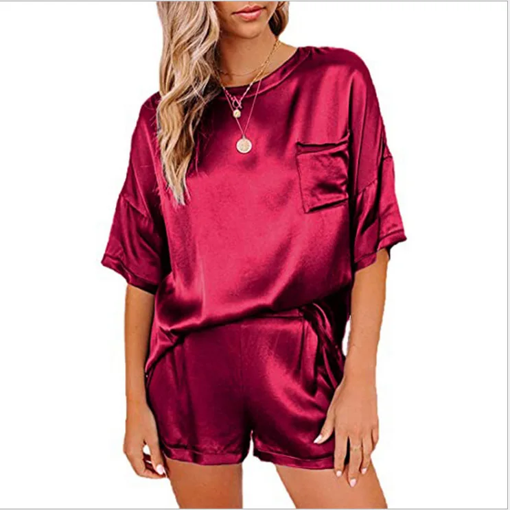 

Summer Cheap Pure Color Home Casual Sleepwear Satin Silk 2 Piece Pajamas For Women Set