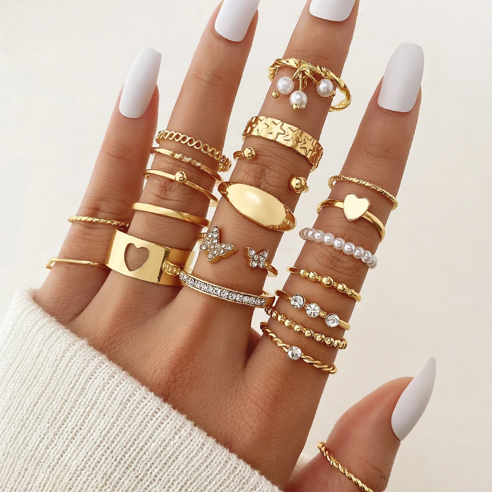 New Fashion Vintage Geometric Pearl Gold Plated Rings Set for Women Men Punk Butterfly Chain Knuckle Rings Trend Jewelry Gift