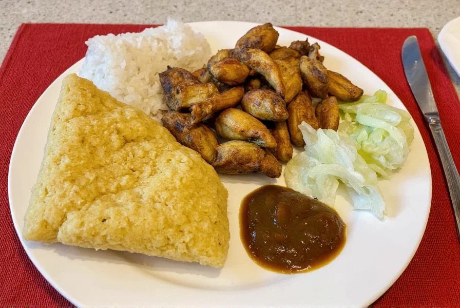 Traditional Ghanaian meal featuring banku, grilled fish, and shito sauce