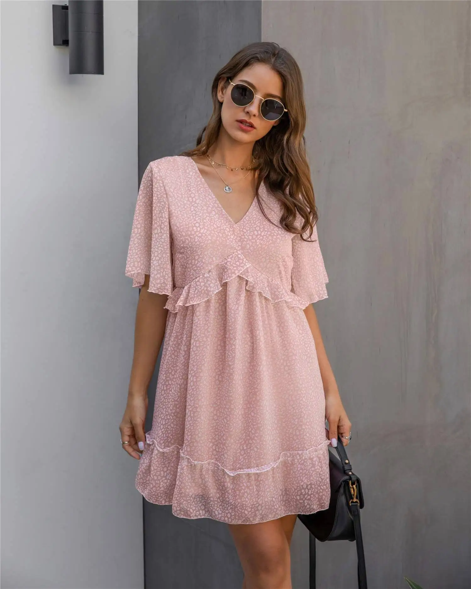 

New Womens Chiffon Dress Ruffles Flare Sleeve Party Bohemia Loose Mini Summer Dress Vestidos Party Fashion Girls Ladies Dresses, Pink , green