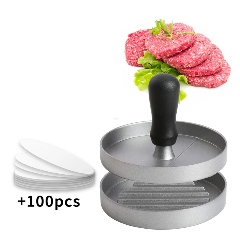 

Hot Sale Aluminium Burger Press with 100 Pcs Wax Papers Non-Stick Hamburger Press Patty Maker Mold for BBQ Barbecue Grill