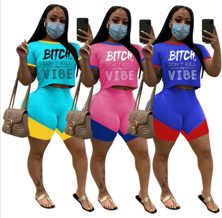 

2020 summer women clothing 3colors geometric letter print Tshirt with shorts two piece outfit 2 piece short set
