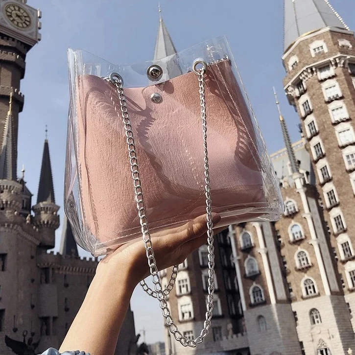 

fashion 2 in 1 transparent clear pvc shoulder bag with leather pouch for women, White,pink,gray,black