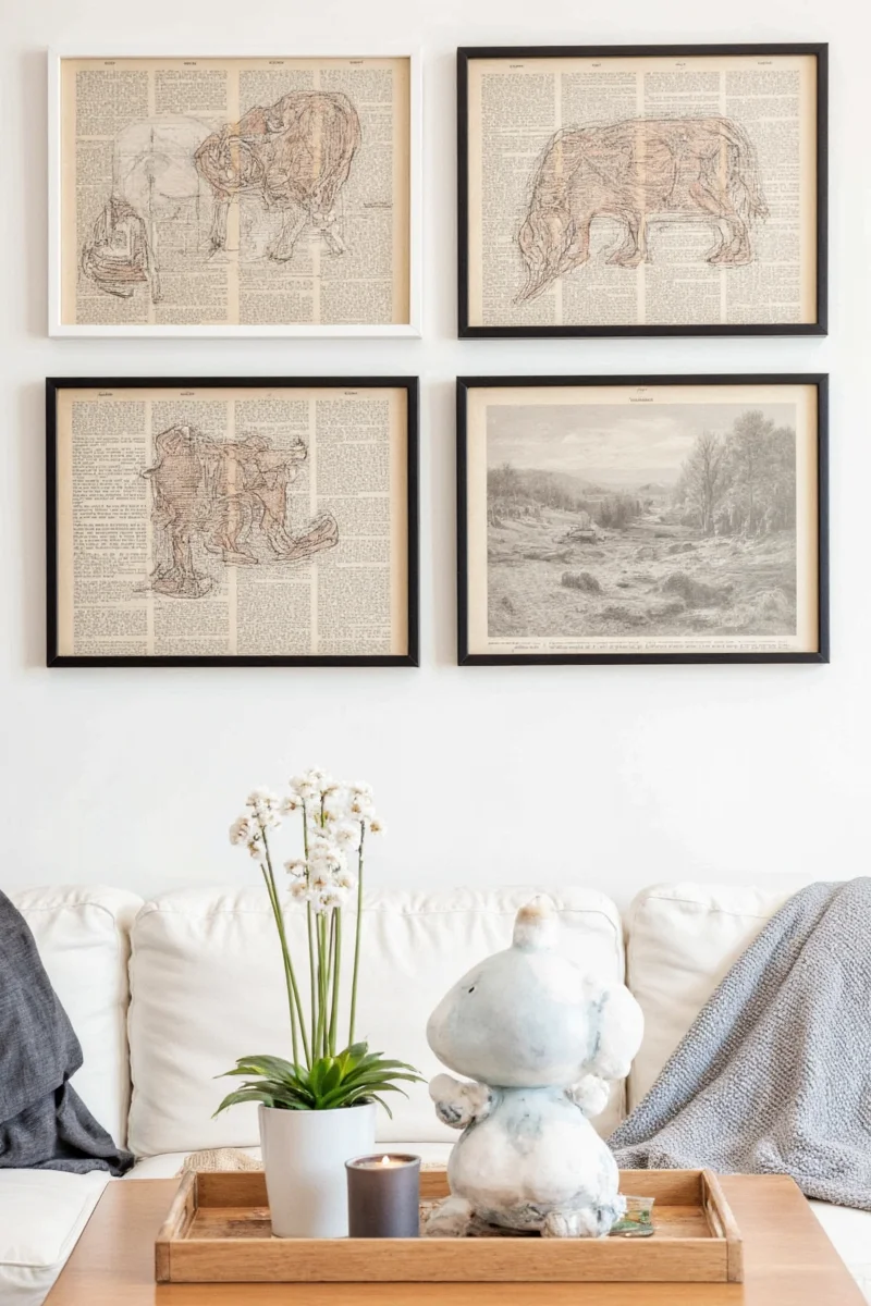 Examples of dictionary art including alphabet animals and word-based illustrations