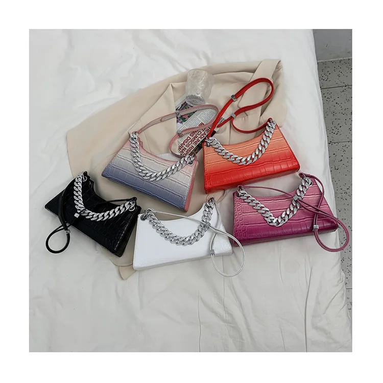 

Gradient High Quality Crocodile Shoulder Purses 2021 Summer Designer Rhinestone Chains Alligator Hand Bags Luxury Women Handbags